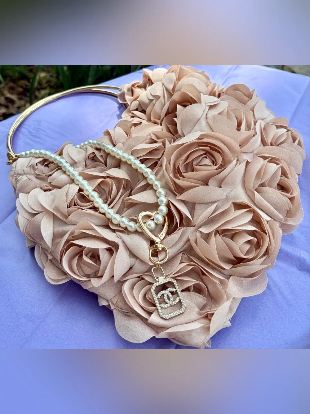 NIP Blush Floral Rosette Gold-Tone Double Handle Handbag w/Versatile Bag Charm - Picture 2 of 11